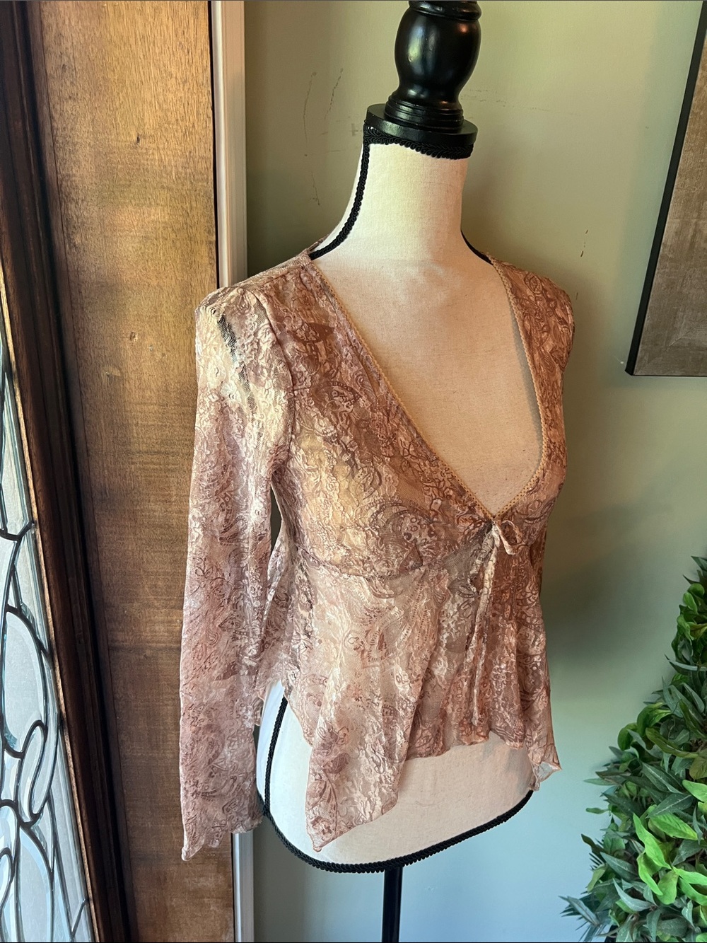 Madden Girl Taupe Lace-Texture Deep V Tie-Front Blouse - Picture 2 of 7